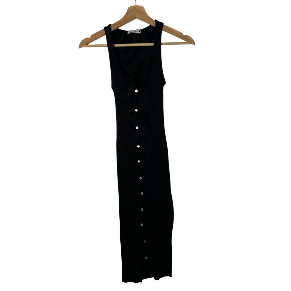 Zara Black Ribbed Bodycon Button Front Midi Dress S